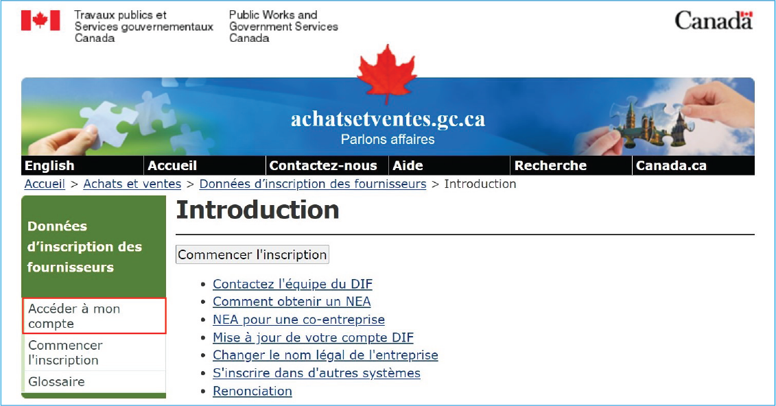 Capture d’écran du site Web du système de DIF, avec un encadré rouge autour de l’option « Accéder à mon compte » dans le menu de navigation à gauche.