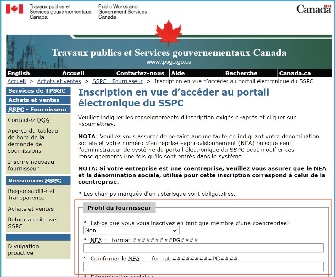 Capture d’écran du site Web du SSPC, avec un encadré rouge autour du formulaire de profil du fournisseur.