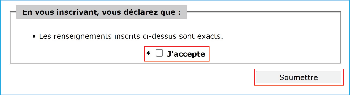 Capture d’écran du site Web du SSPC, avec des encadrés rouges autour des cases « J’accepte » et du bouton « Soumettre ».