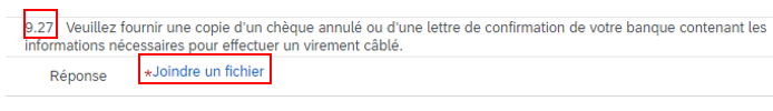 : Une saisie d’écran de la question 9 du questionnaire  avec le chiffre 9.27 et le lien « Joindre un fichier » mis en évidence. 