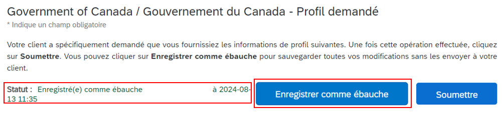 Saisie d’écran du haut du questionnaire, avec le bouton Enregistrer comme ébauche et le message d’état mis en évidence.