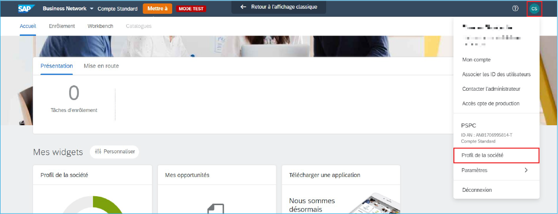 Capture d'écran de la page Compte SAP Ariba, avec le menu Profil de la société développé et la sélection Profil de la société mise en évidence.