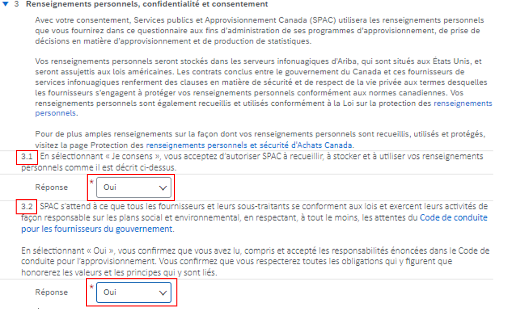 Saisie d’écran de la question 3 du questionnaire du gouvernement du Canada avec les questions 3.1 et 3.2 et les listes déroulantes des réponses mises en évidence.