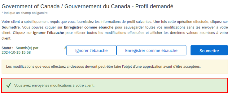 Une saisie d’écran du haut du questionnaire avec le message de confirmation des modifications mis en évidence. 