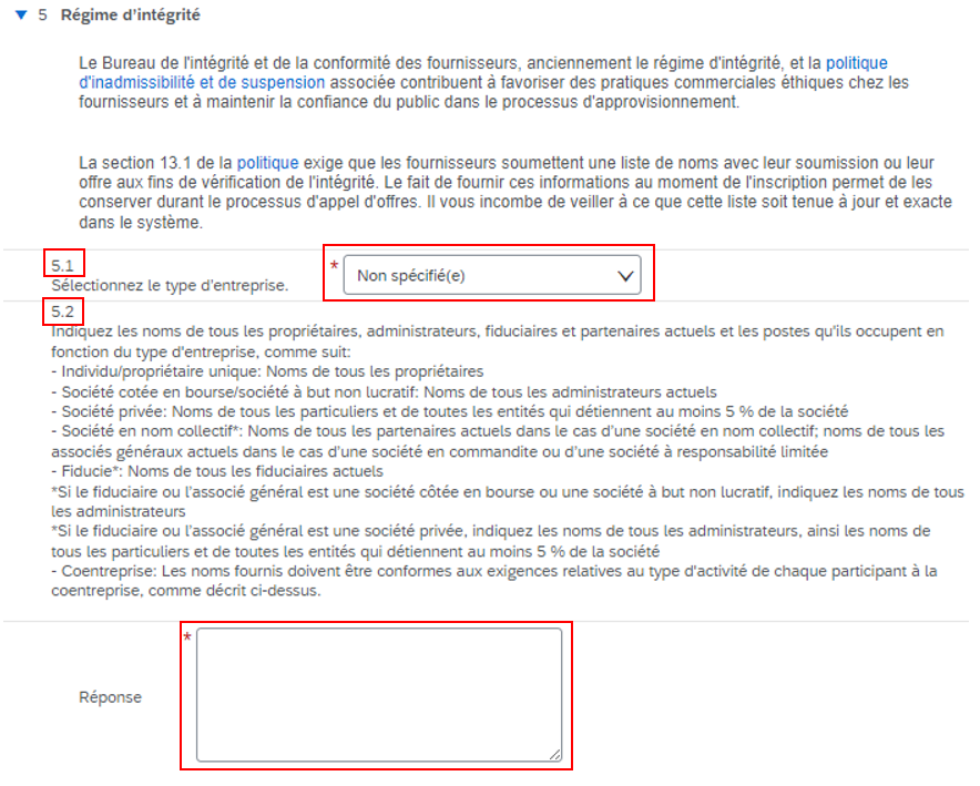 Saisie d’écran de la question 5 avec les questions 5.1 et 5.2, de la liste déroulante des réponses et le champ de texte mis en évidence.