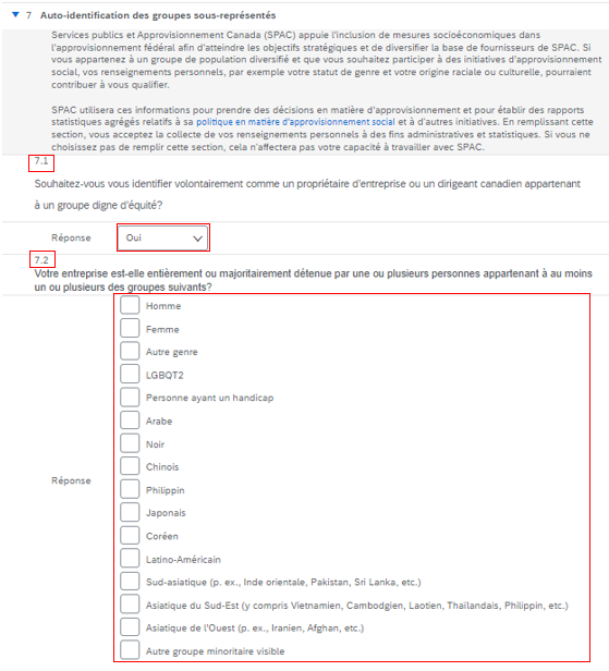 Saisie d’écran de la question 7 - Auto-identification des groupes sous-représentés avec les questions 7.1, 7.2, 7.3, 7.4  et la liste déroulante des réponses mis en évidence.