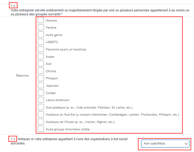 Saisie d’écran de la question 7 - Auto-identification des groupes sous-représentés avec les questions 7.3, 7.4 et la liste déroulante des réponses mis en évidence.