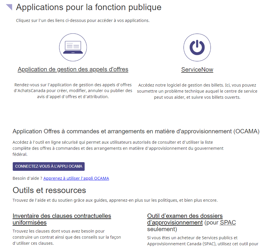 Une capture d’écran de la page d’accès aux comptes avec une liste des applications d’AchatsCanada disponibles