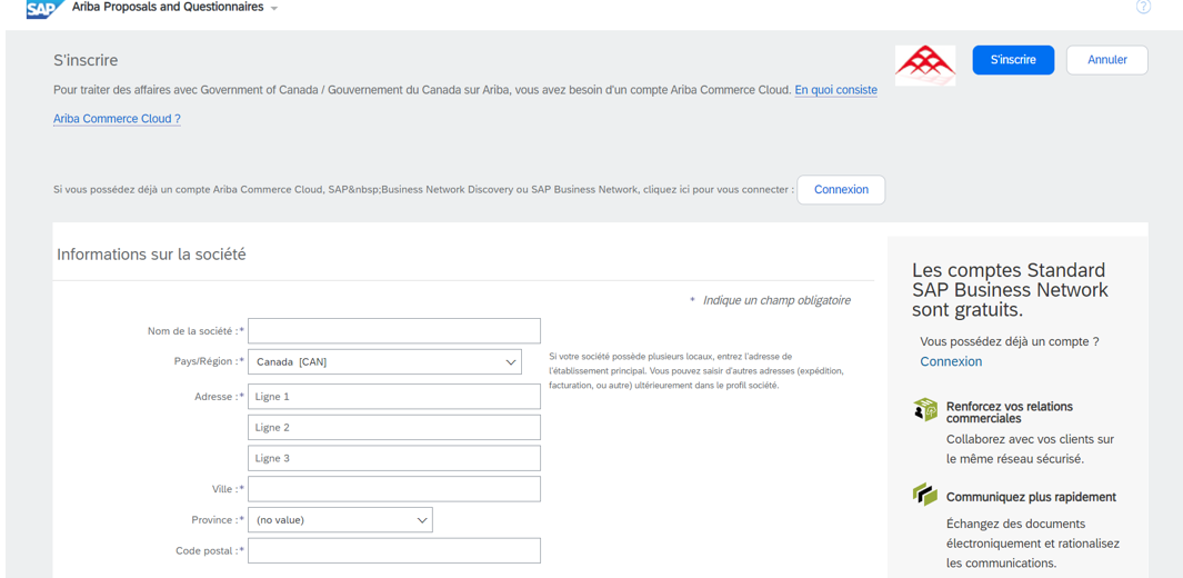 Saisie d’écran de la section Informations sur la société de la page d’inscription SAP Business Network.