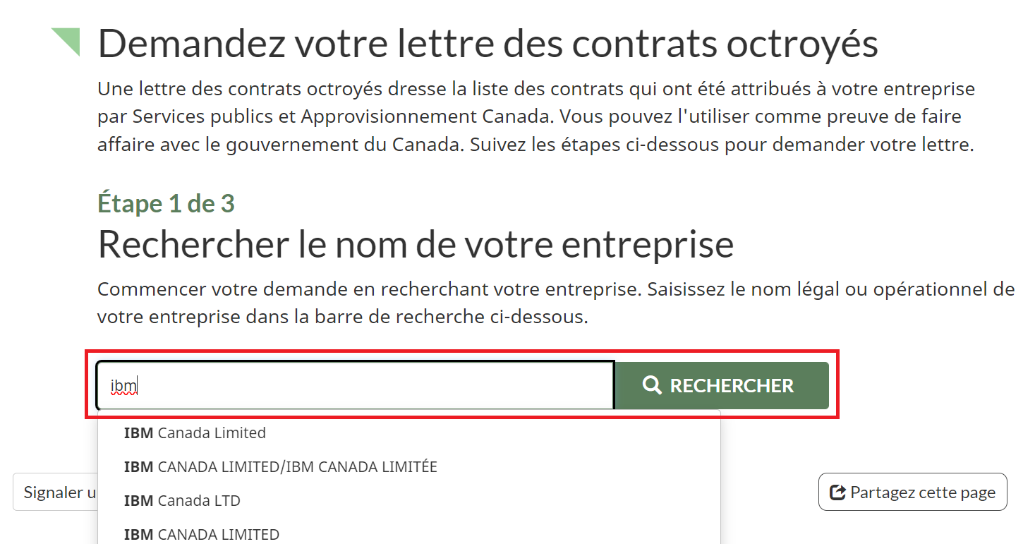 Capture d'écran de la page Demandez votre lettre des contrats octroyés avec la barre de recherche mise en évidence.