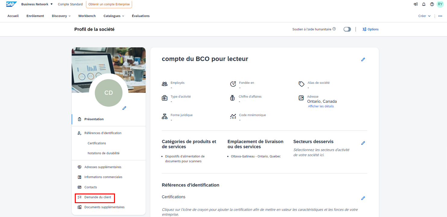 Une saisie d’écran de la page du profil de la société avec l’onglet Demande du client mis en évidence