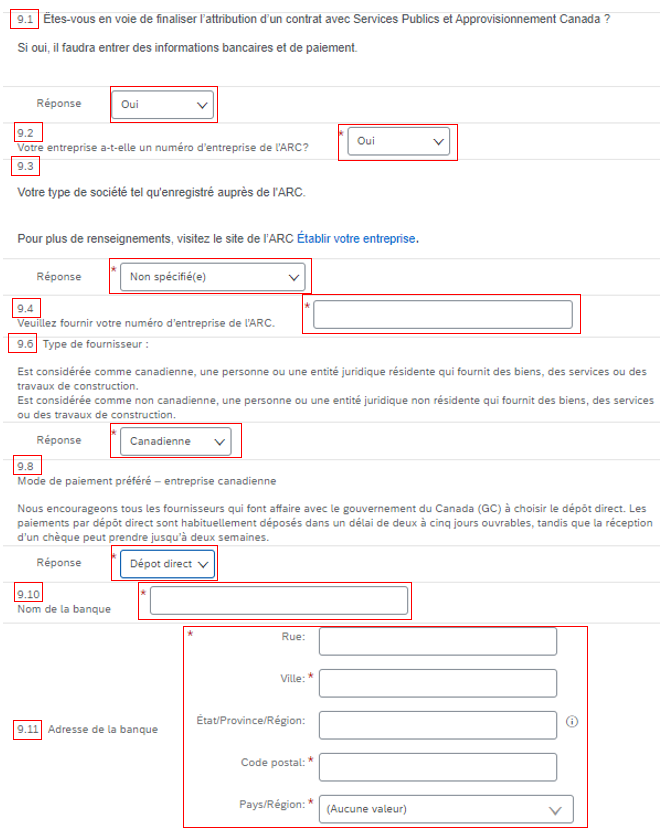 Saisie d’écran de la section 9 avec les questions 9.1, 9.2, 9.3, 9.4, 9.6, 9.8, 9.10 et 9.11 et la liste déroulante des réponses mis en évidence.