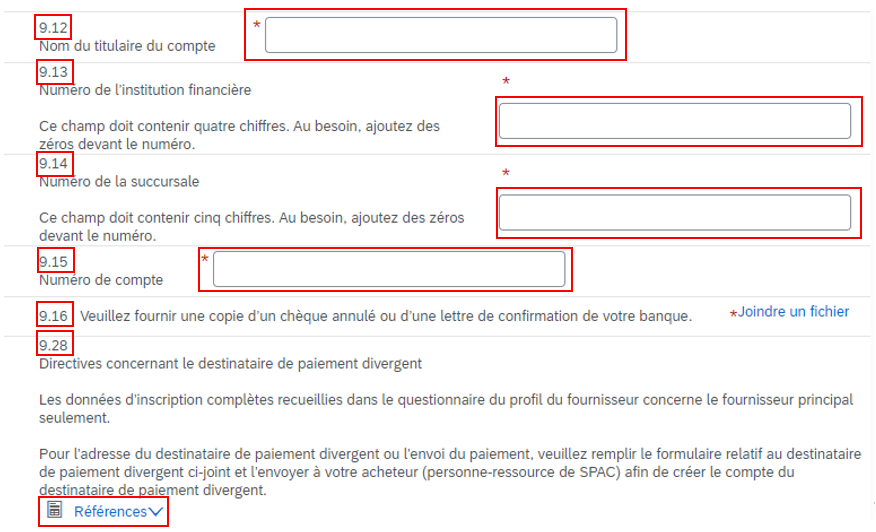 Saisie d’écran de la section 9 avec les questions 9.12 à 9.16 et 9.28 et la liste déroulante des réponses mis en évidence.