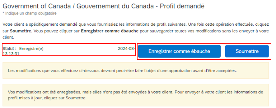 Saisie d’écran de la partie supérieure du questionnaire avec le bouton « Soumettre », le bouton « Enregistrer comme ébauche » et le message d’état mis en évidence.