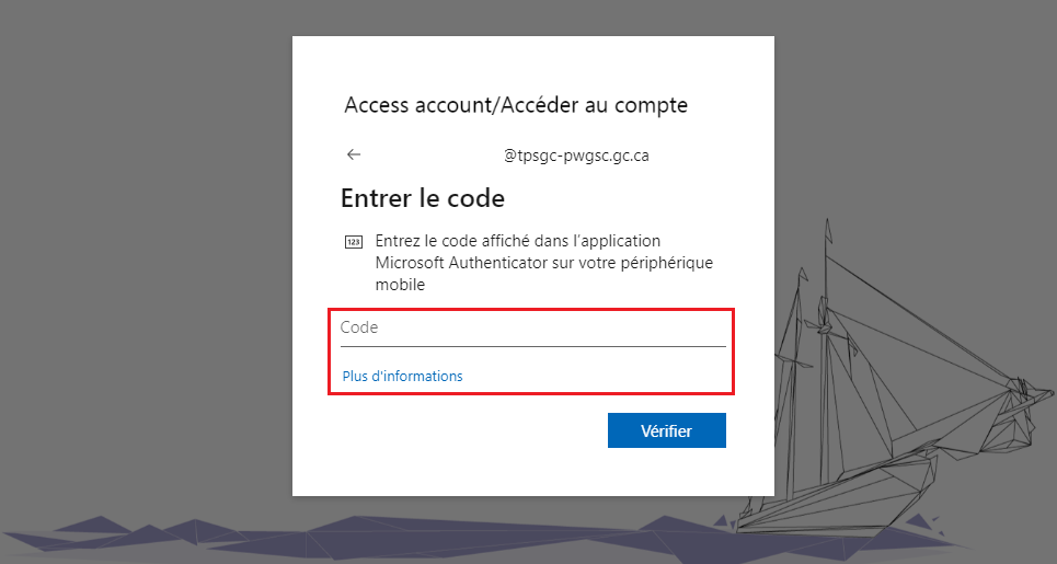 Une capture d'écran de la page Accéder à votre compte, avec le champ Code et le bouton Vérifier mise en évidence 