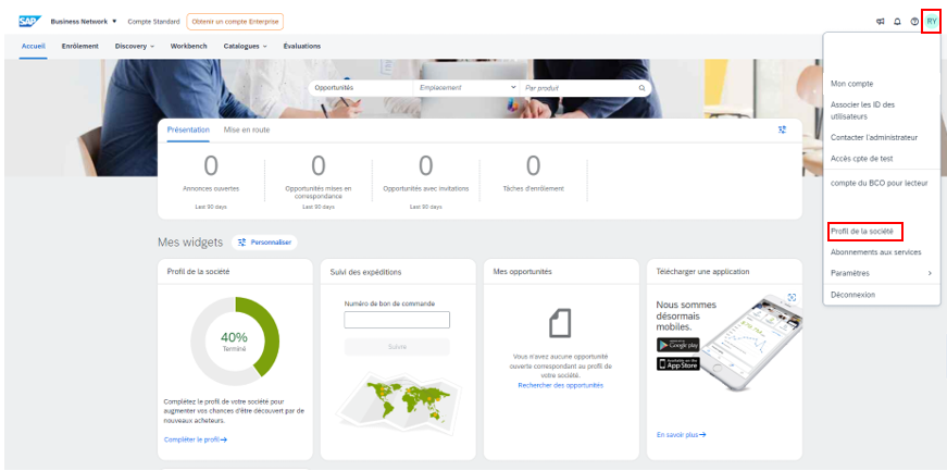Saisie d’écran de la page d’accueil de SAP Business Network avec le cercle dans le coin supérieur droit et le « Profil de la société » dans le menu déroulant mis en évidence.