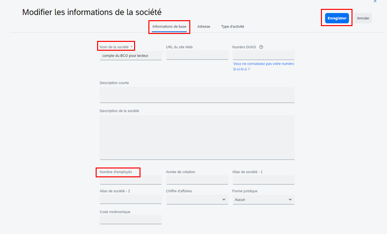 Saisie d’écran de l’onglet « Informations de base » de la page Modifier les informations de la société, avec le champ Nom de la société et du bouton Enregistrer  mis en évidence.