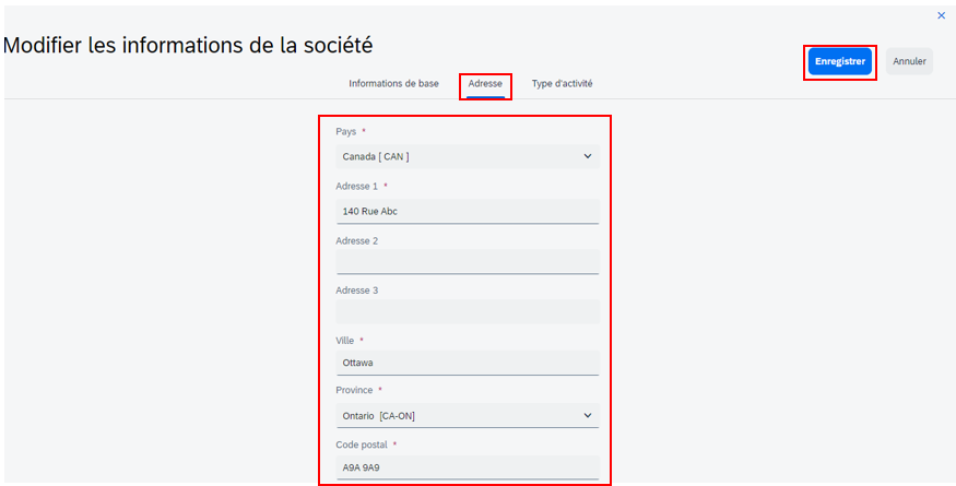 Saisie d’écran de l’onglet intitulée Adresse de la page Modifier les informations de la société avec les champs pays, adresse, ville, Province et Code postal et le bouton « Enregistrer » mis en évidence.