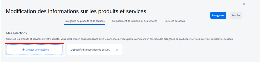 Capture d’écran de la page « Modification des informations sur les produits et services » avec le bouton « Ajouter une catégorie » mis en évidence.