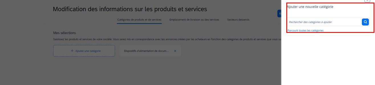 Capture d’écran de la page « Modification des informations sur les produits et services » avec le volet « Ajouter une nouvelle catégorie » mis en évidence.