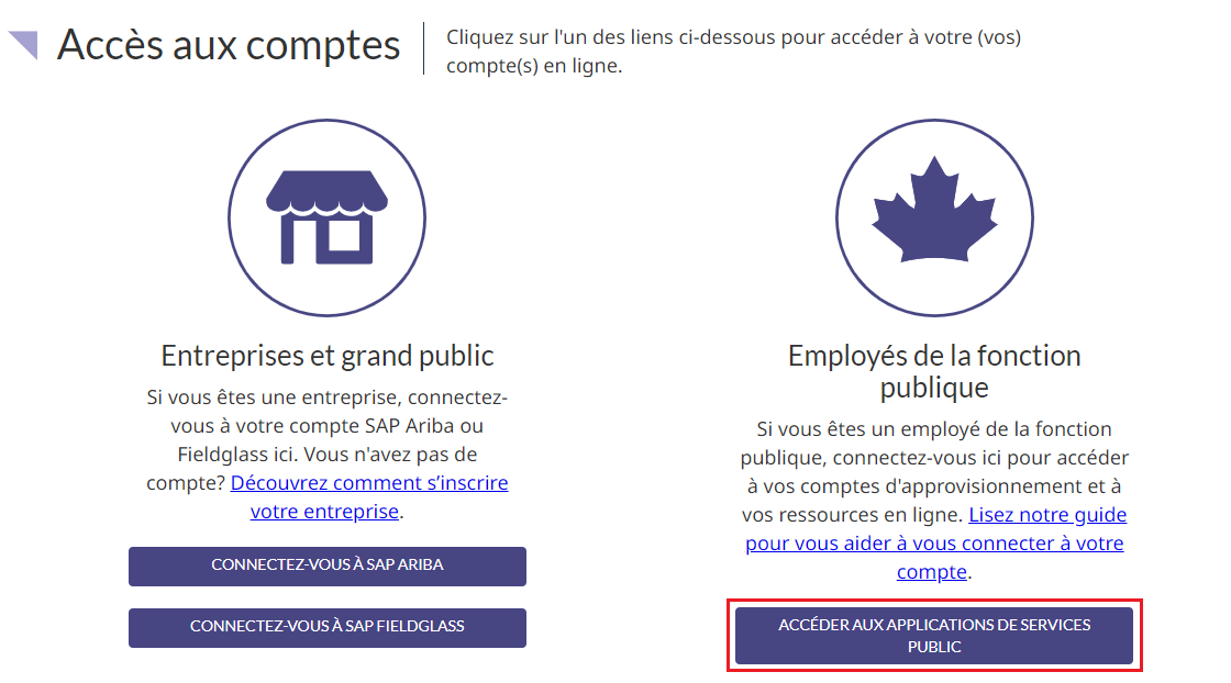 Une capture d’écran de la page d’accès aux comptes avec le bouton « Accéder aux applications de services publics » mis en évidence.