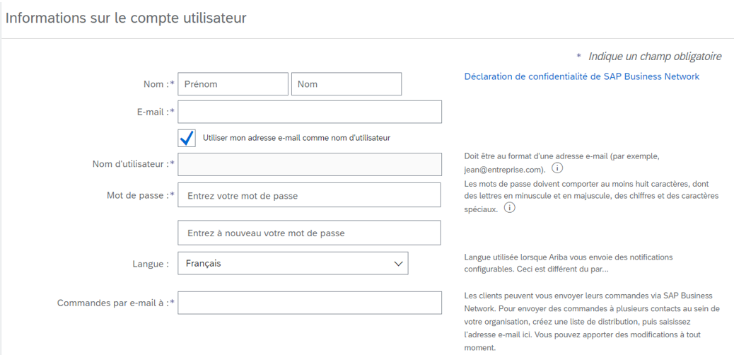 Saisie d’écran de la section Informations sur le compte utilisateur de la page d’inscription SAP Business Network.