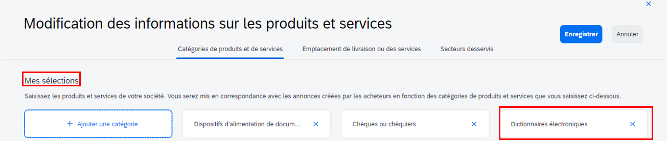 Capture d’écran de la page « Modifier les informations sur les produits et services », avec la rubrique « Mes sélections » et une catégorie mis en évidence. 