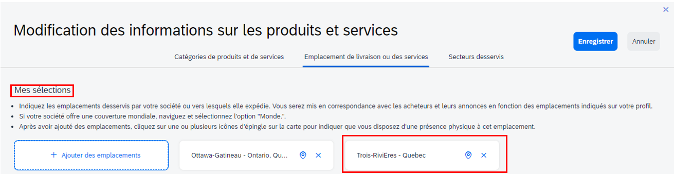 Capture d’écran de la page « Modification des informations sur les produits et services », avec la rubrique « Mes sélections » et les emplacements mis en évidence.