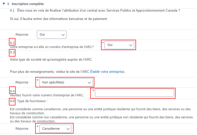 Une saisie d’écran de la question 9 du questionnaire avec les chiffres 9.3, 9.4 et 9.6 mis en évidence.