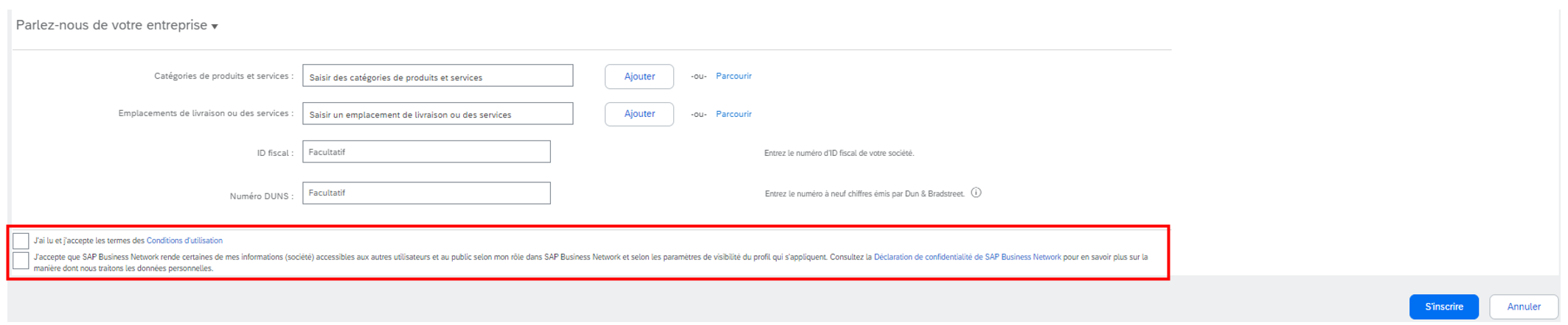 Saisie d’écran de la section Conditions d’utilisation de la page d’inscription SAP Business Network, avec les cases à cocher mis en évidence.