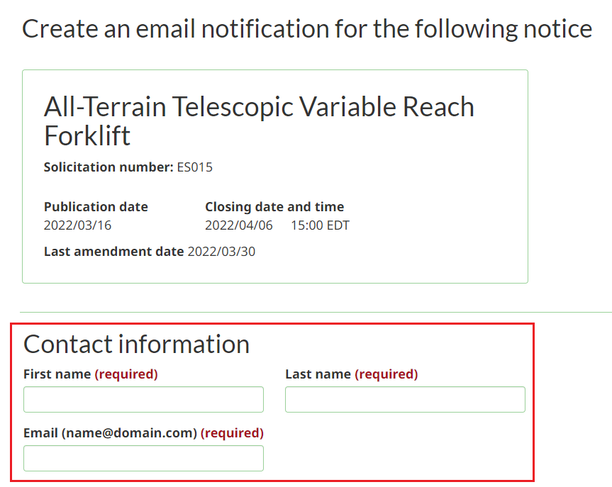 A screenshot of the Contact information section of the Create an email notification for the following notice page.