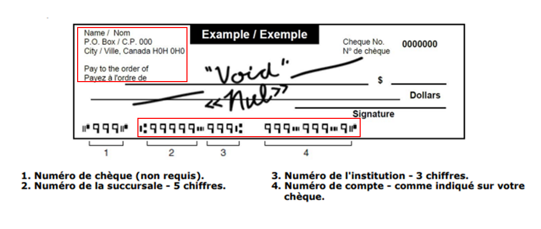 Une copie d’un chèque annulé avec le nom et l’adresse de la banque, le nom du titulaire du compte, le numéro de l’institution financière, le numéro de la succursale et le numéro du compte mis en évidence.