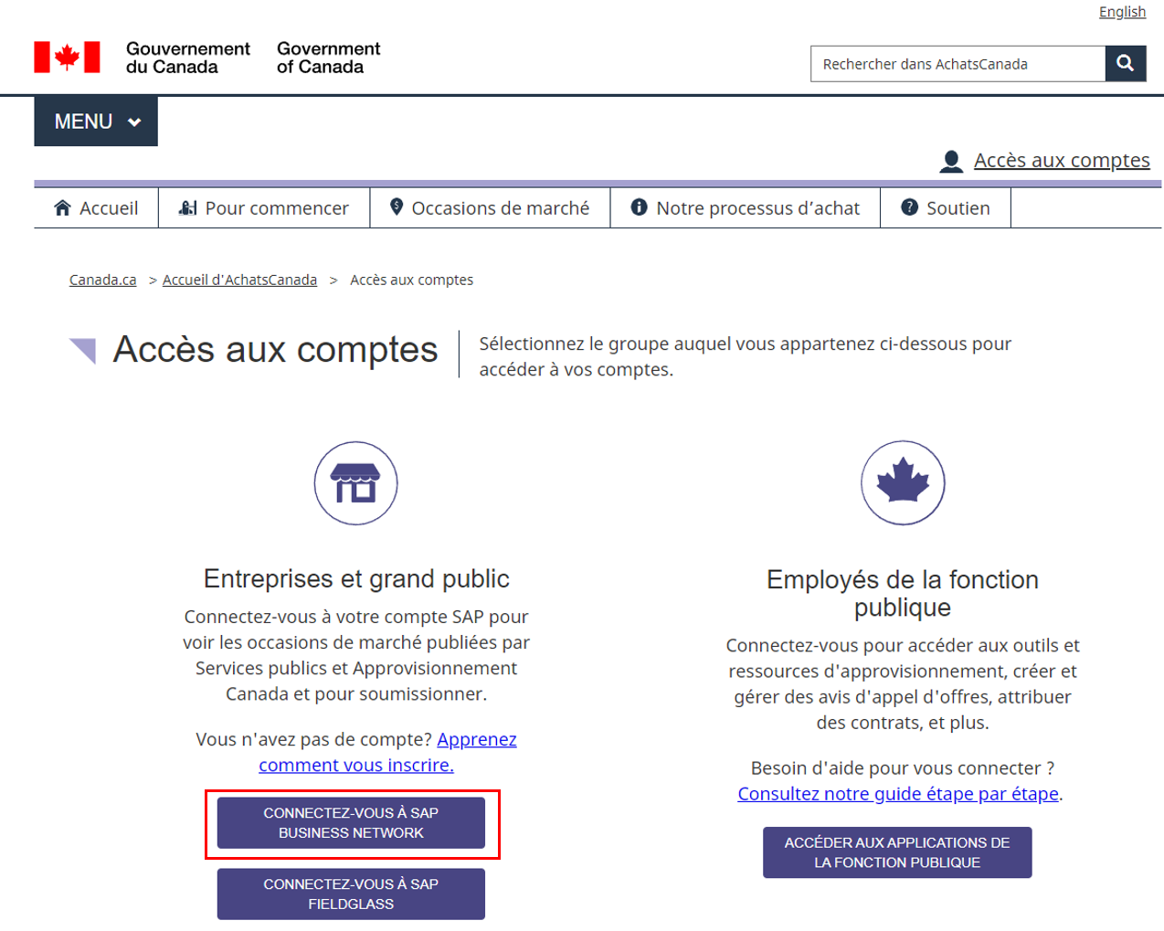 Saisie d’écran de la page d’accès au compte avec le bouton « Connectez-vous à SAP Business Network » mis en évidence. 