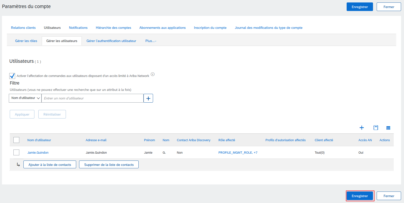 Une capture d'écran de la page des paramètres des utilisateurs, avec le bouton Enregistrer mis en évidence.