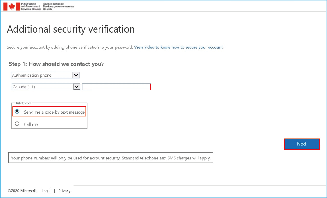A screenshot of the Additional security verifications page with the phone number field, the method options box and the Next button highlighted.