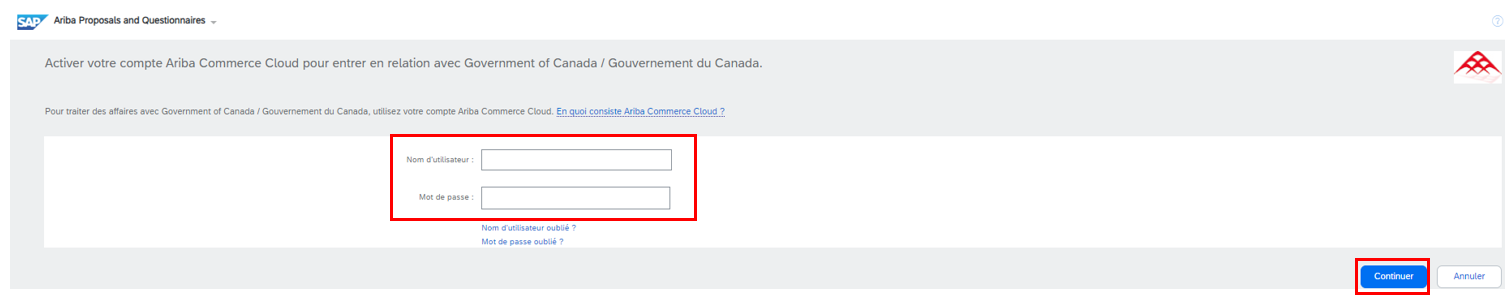 Saisie d’écran de la page de connexion des fournisseurs pour SAP Business Network avec le champ « Nom d’utlisisateur », le champ « Mot de passe » et le bouton « Continuer » mis en évidence.