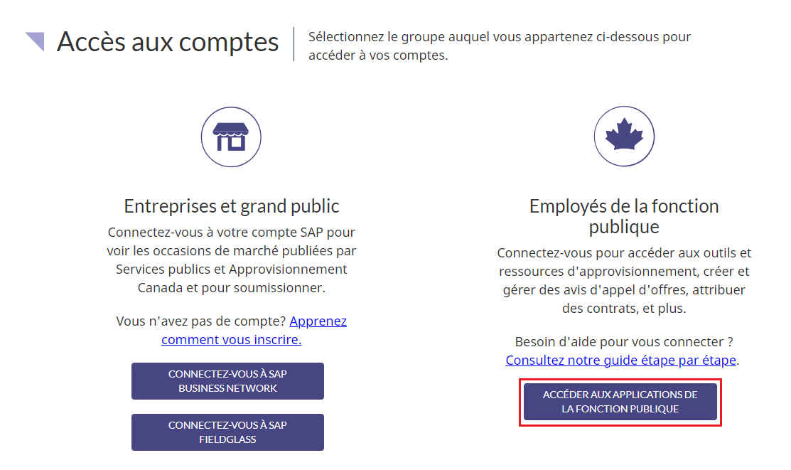 Une capture d’écran de la page d’accès aux comptes avec le bouton « Accéder aux applications de services publics » mis en évidence. 