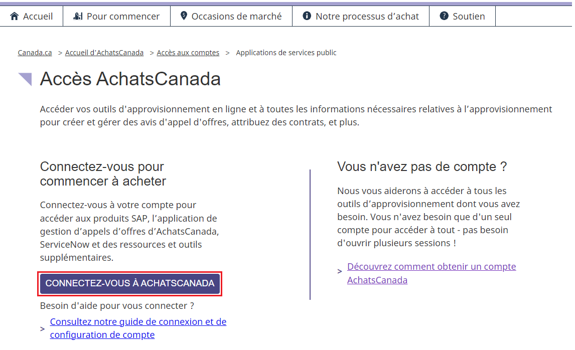 Une capture d’écran de la page Accès AchatsCanada, avec le bouton Connectez-vous à AchatsCanada mis en évidence