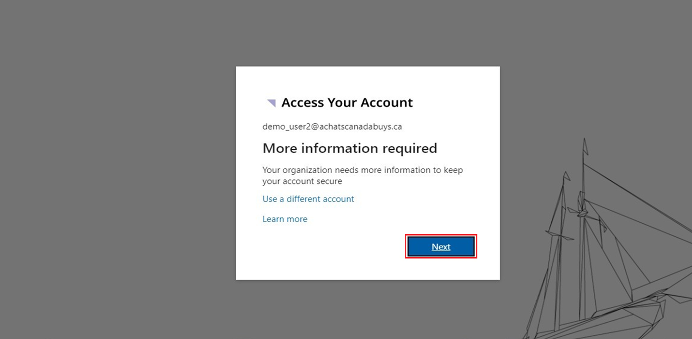 A screenshot of the Access Your Account page with the Next button highlighted.