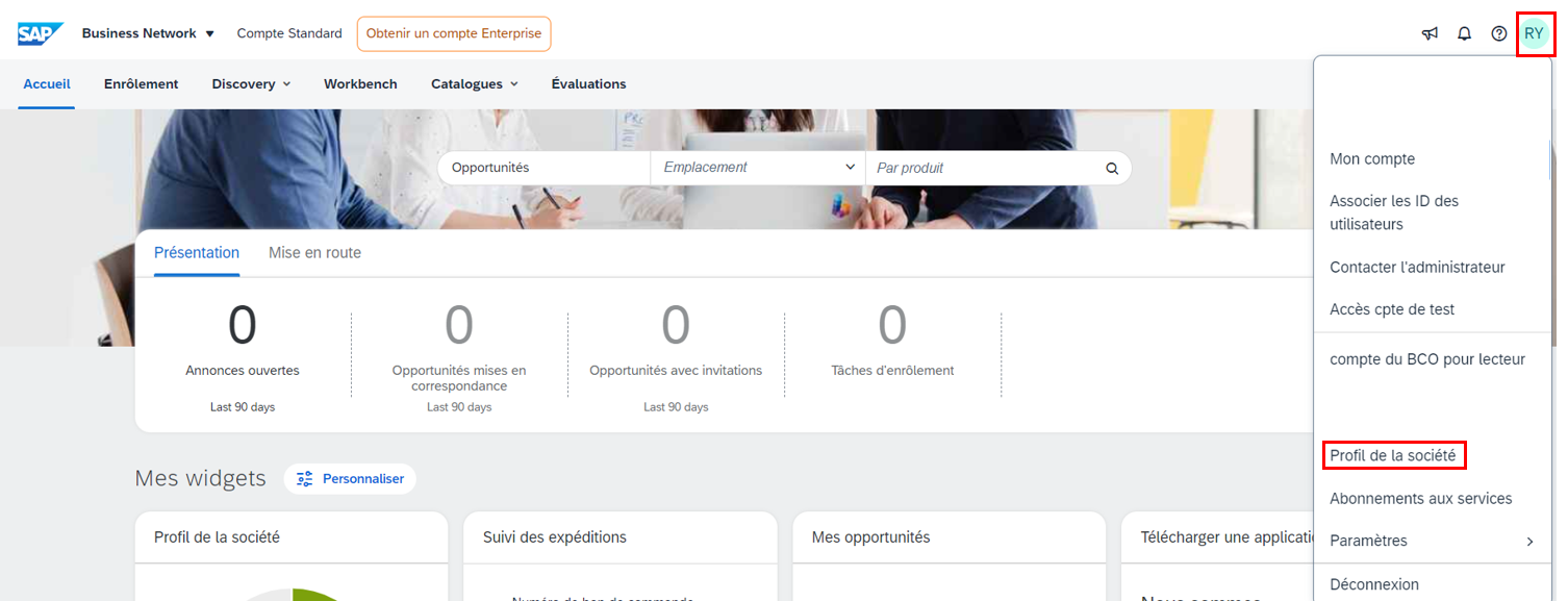 Saisie d’écran de la page d’accueil de SAP Business Network avec l’icône en forme de cercle dans le coin supérieur droit et « Profil de la société » dans le menu déroulant mis en évidence. 